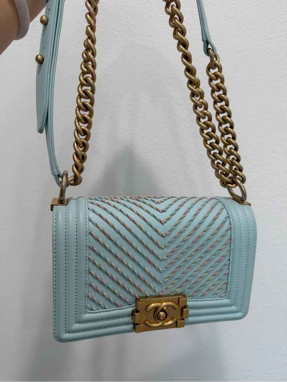 CHANEL Light Blue Chevron Quilted Boy Flap Shoulder Bag with Gold Hardware